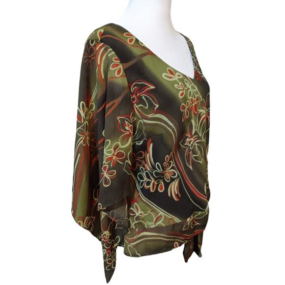 VINTAGE 90s Y2K Boho Blouse Top 14W Artsy Floral Green Brown‎ Orange V-Neck - Picture 3 of 11